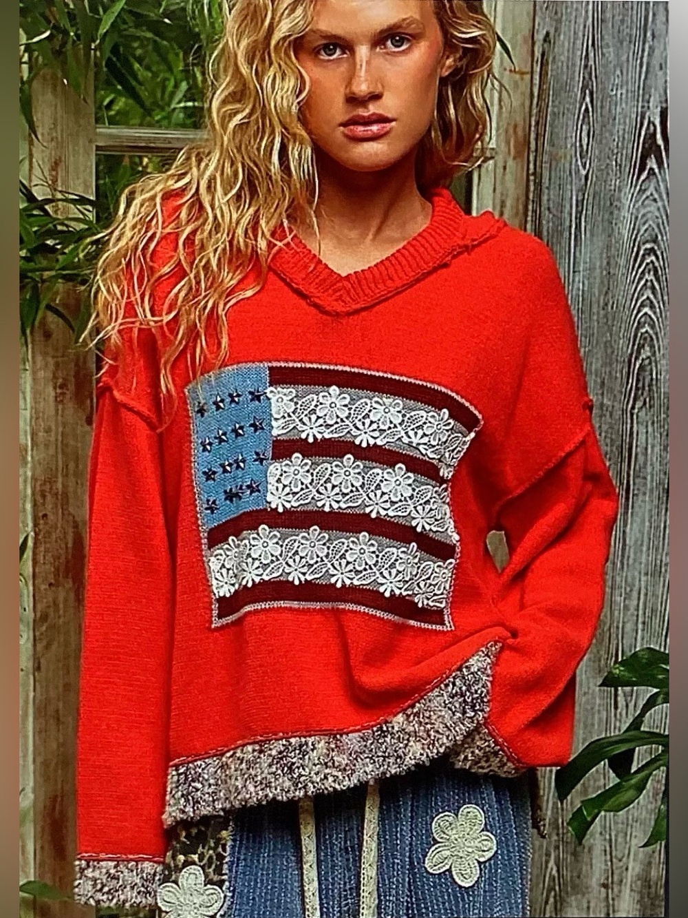 POL Red Flag Patch Knit Hoodie Sweater